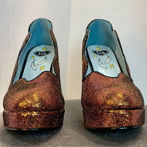 T.U.K. Bronze metallic glitter high heel platforms Sz 10 - Picture 7 of 11